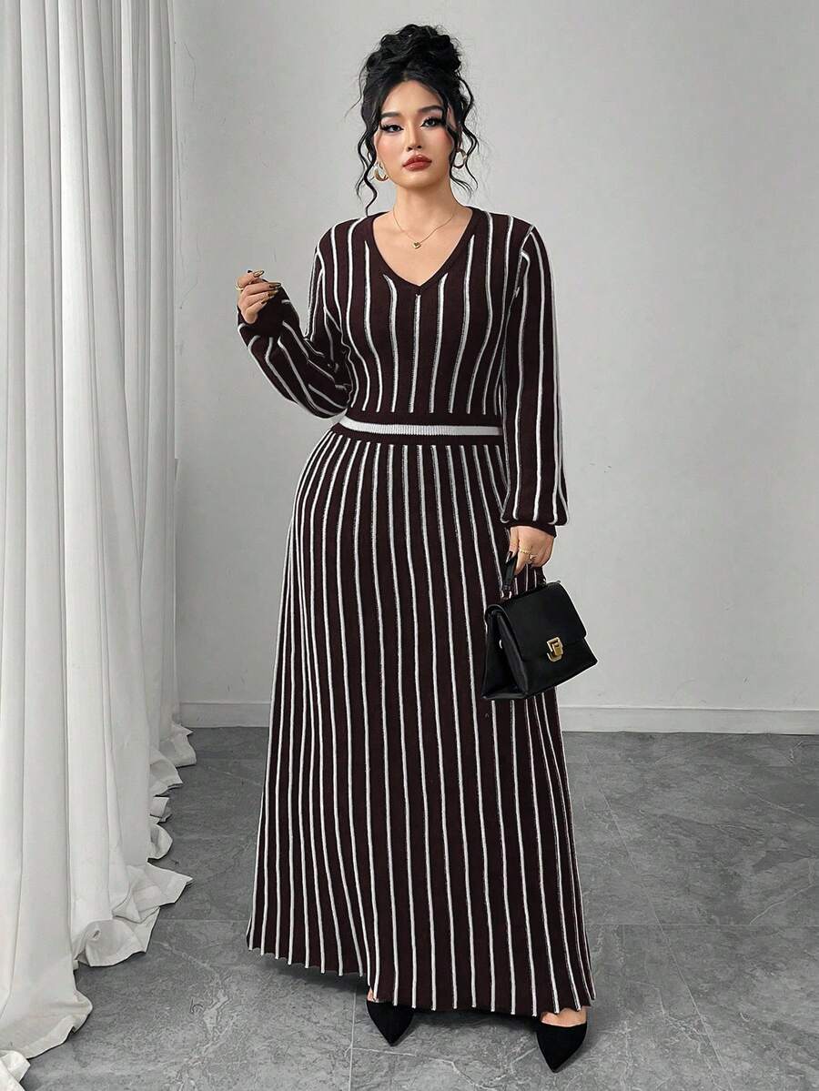 Modelyn Plus Size V-Neck Raglan Sleeve Lantern Sleeve Casual Knit Dress, Polar Fleece - Burgundy - View 1