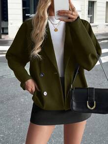 Pariaura Elegante y distintiva chaqueta holgada de nailon con solapa y doble botonadura, para otoño/invierno - Verde militar - Ver 5