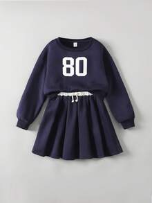 Ontre 2件套青少年女孩数字印花圆领运动衫和百褶裙套装 - 藏蓝色 - 查看 3