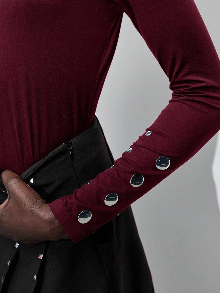 SHEIN Maija Women's Solid Color Stand Collar Metal Decor Fashion Versatile Long Sleeve T-Shirt, Suitable For Urban Commute, Office, Business Casual, Party, All-Match Top For Summer