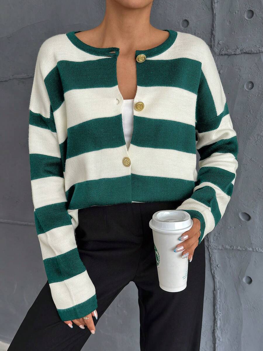 EURMUSE Elegant Contrast Color Stripe Color Block Round Neck Long Sleeve Golden Button Detailed Cardigan - Dark Green - View 1