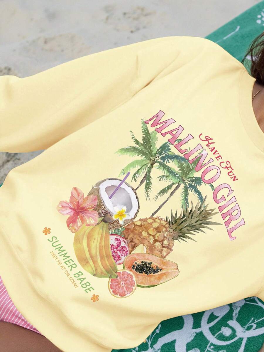 SHEIN 秋季女款椰子菠萝木瓜水果图案圆领运动衫，度假海滩图案套头衫秋季