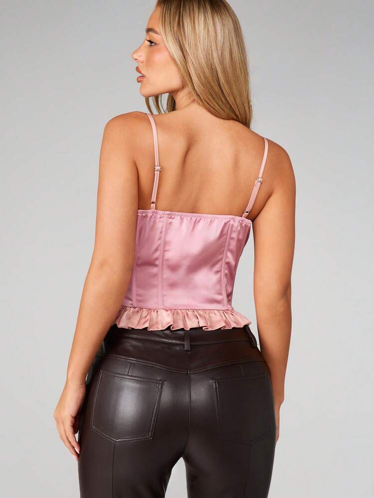 MISSGUIDED Satin Button Front Frill Hem Camisole Top With Ruffle Detail And Sweetheart Neckline For Summer Evening Occasions