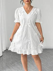 SHEIN Clasi Plus-Size White Summer Elegant Tea Party Dress,Women's Embroidered Floral Eyelet Pure Cotton A-Line Dress With Puffed Sleeves And 3D Bow Accent - White - View 5