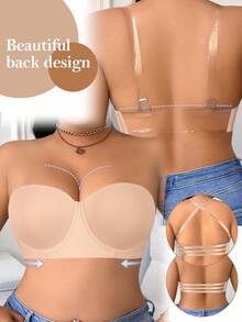 DesireSculpt Plus Size Strapless Bra With Underwire, Pushup And Removable Straps For Multiple Wearing Ways, Seamless Backless Bra Clear Bra Straps - Beige - View 4