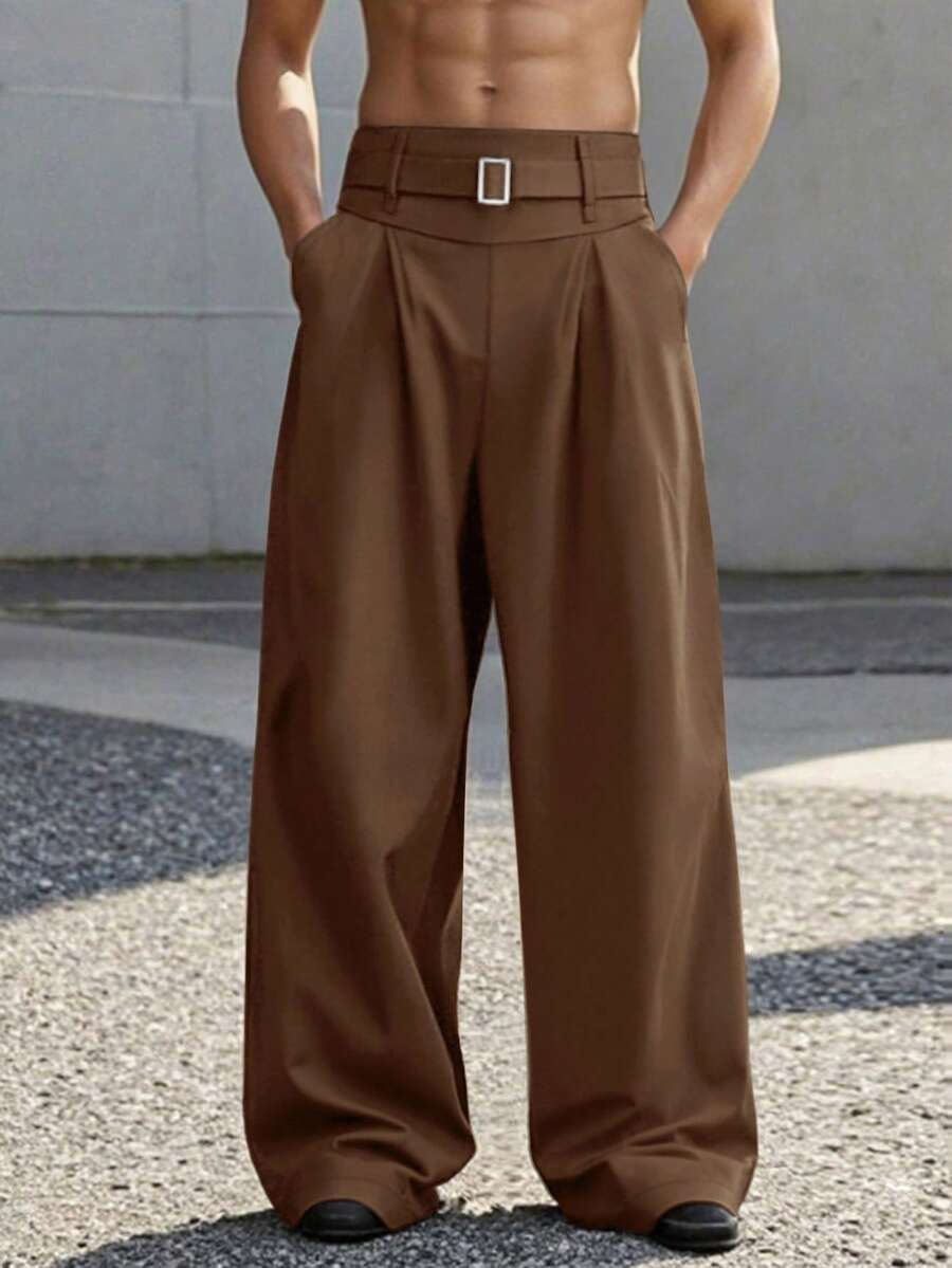 Manfinity Roghcode Manfinity LEGND Men's Black High-Waisted Pleated Wide-Leg Pants, Waist Decor Accent, Fashionable Versatile Brown High Waisted Wide Leg Western Loose - Coffee Brown - View 1