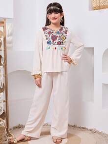 Tween Girl Loose Elegant Pattern Tassel Decor Shirt & Pants Set Tween Girl - Apricot - View 7
