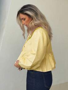 Jeta Ari Áo thun sọc xếp ly tay dài buộc dây phía trước cho nữ, mặc hàng ngày - Màu vàng - Xem 6