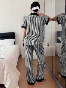 SHEIN 泡泡褶皱撞色短袖长裤女士睡衣套装 - 黑與白 - 查看 2