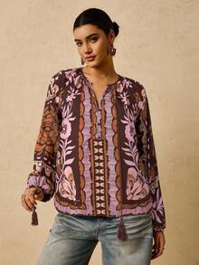 Travachic Plus Size Women's Black Tropical Plant & Retro Print Long Sleeve Shirt, V-Neck Tassel Drawstring Pattern Blouse - Burgundy - View 3