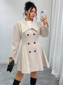 Elenzga Vestido blazer elegante plus size feminino, cor sólida, lapela, manga longa, punho de pele de coelho, cintura marcada, abotoamento duplo e barra evasê. Ideal para o inverno e outono. - Damasco - Ver 3