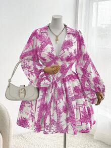 Sweetra 大码女式碎花收腰长袖休闲连衣裙，秋季款 - 粉色 - 查看 3