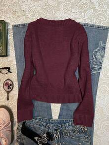 SHEIN EZwear Women's Cartoon Bear Pattern Crew Neck Long Sleeve Casual Sweater, Suitable For Autumn/Winter - Burgundy - View 2