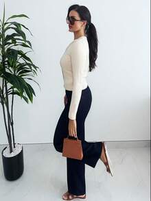 MDEdit Women's Solid Color Round Neck Long Sleeve Single-Breasted Casual Knitted Cardigan, Urban Commute Business Casual Wear, Office Attire Fall Sweaters Fall Clothes For Women  Business Casual Woman Office Outfits For Women Sweaters Chic Autumn,Women's Winter Sweater Fall Clothes For Women - Apricot - View 5
