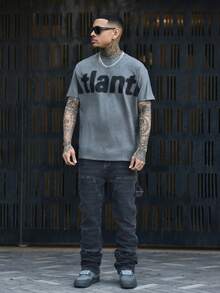 Devon Thys T-shirt da uomo con grafica a lettere, spalle scoperte, stile emo, autunnale - Grigio Scuro - Visualizzare 4