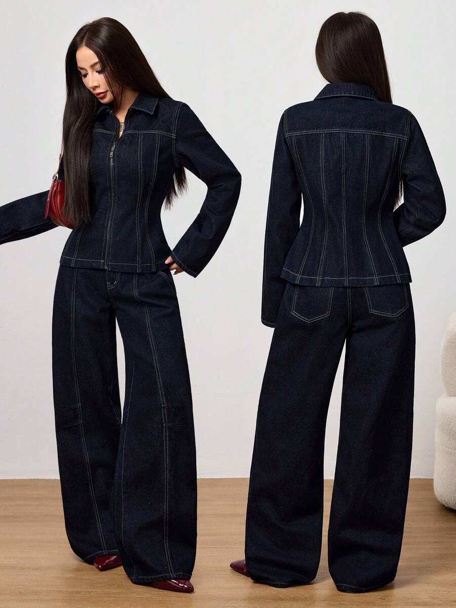 SHEIN PETITE Women's Fashionable Commuter Jacket And Wide-Leg Jeans Set, Autumn Winter Sexy Vintage-Inspired Fashionable Waist-Defining Top Straight-Leg Pants With Elastic Waistband At Back Dark-Wash Denim Two Pieces Set - Dark Wash - View 1