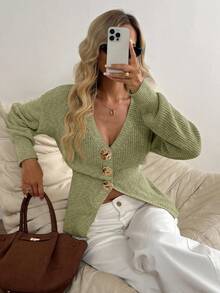 Easowa New Autumn Casual Dropped Shoulder Cinched Waist Elegant Cardigan For Women - Green - View 5