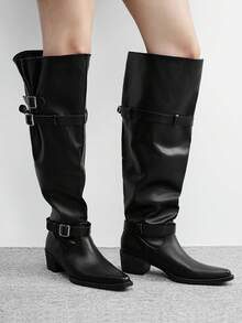 CUCCOO BIZCHIC Women's Fashionable Versatile Commuting Adjustable Buckle Chunky Heel Over-The-Knee Boots For Christmas - Black - View 1