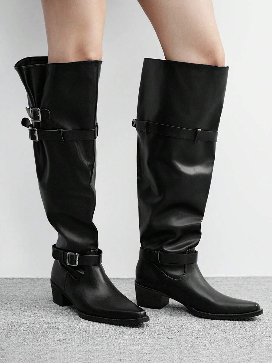 CUCCOO BIZCHIC Women's Fashionable Versatile Commuting Adjustable Buckle Chunky Heel Over-The-Knee Boots For Christmas - Black - View 1