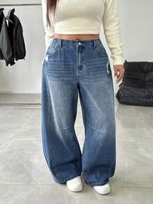 SHEIN EZwear Plus Size Women Vintage Blue Flared Jeans, High Waist Loose Fit Barrel Leg Jeans - Blue - View 3