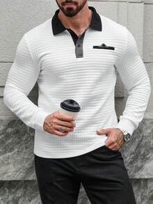 Manfinity CasualCool 男士撞色拼接领插肩长袖华夫格休闲Polo衫 男士休闲上衣 男士长袖Polo衫 白色和灰色图案衬衫 - 白色 - View 3