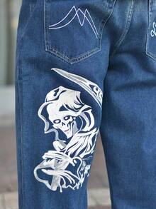 Devon Thys 1pc Y2K Hip Hop Streetwear Style Loose Fit Skull Graphic Men Denim Jeans - Blue - View 6