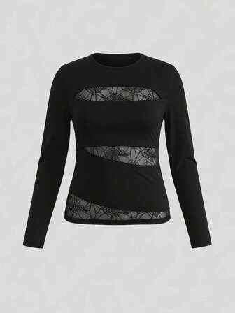 Goth Maglietta a maniche lunghe con taglia comoda, motivo gotico sexy a ragnatela, effetto patchwork e schiena traforata, adatta per l'autunno/inverno