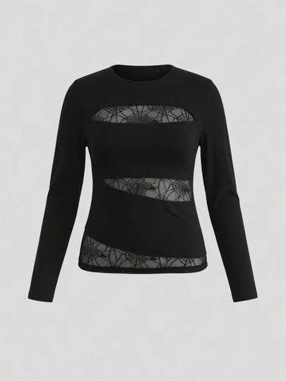 Goth قميص تي شيرت طويل الأكمام بتصميم شبكة العنكبوت الجوتية الجذاب مقاس كبير، مفتوح الظهر، مناسب للخريف والشتاء