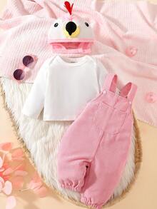 SHEIN Newborn Flamingo Pattern Embroidered Bib Overalls & Long Sleeve T-Shirt Set - Pink - View 3