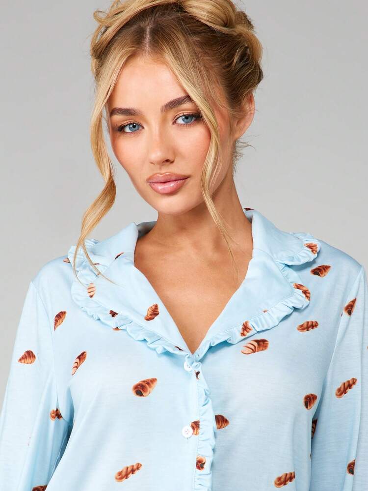MISSGUIDED クロワッサン柄長袖トップとマッチングパンツのボタン付きパジャマセット、快適な寝間着とルームウェアに最適