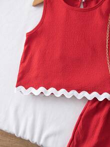 Elladie kids 两件套女童纹理面料撞色下摆无袖上衣和休闲短裤套装 - 紅色 - 查看 4