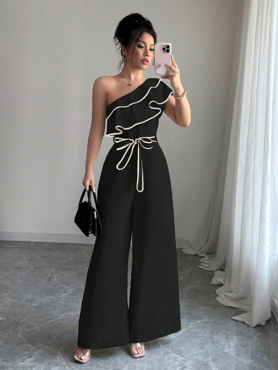 Elenzga Women's Apricot Asymmetric Shoulder Ruffle Cinched Waist Straight Jumpsuit - Black - View 1