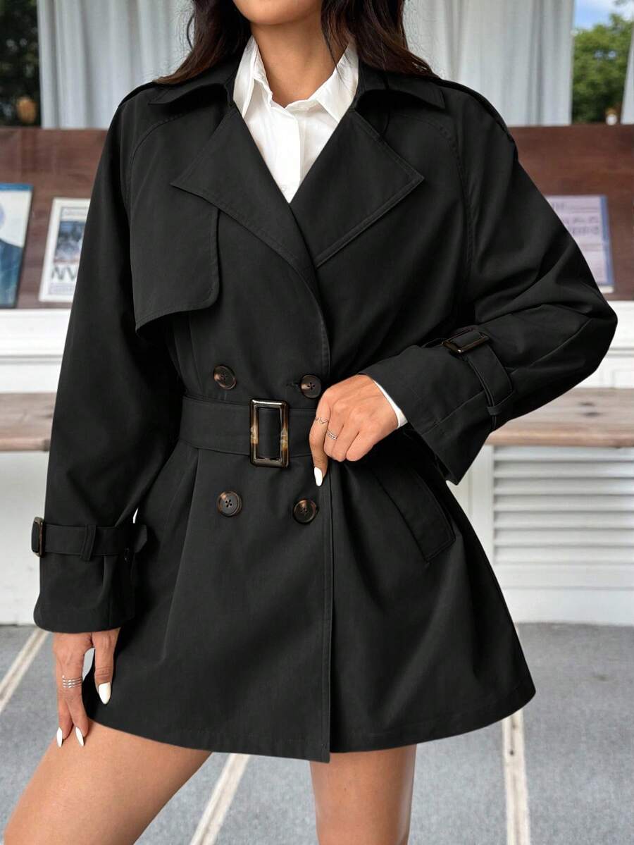 SHEIN EZwear Women's New Style Lapel Collar Double-Breasted Buckle Belted Mid-Length Trench Coat In Fall/Winter