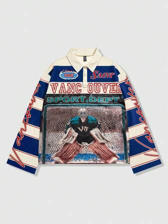 Street Life Men's Striped Print Long Sleeve Polo Collar T-Shirt, Casual College Style Top