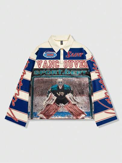 Street Life Camiseta polo de manga larga con estampado de rayas, estilo universitario casual para hombres