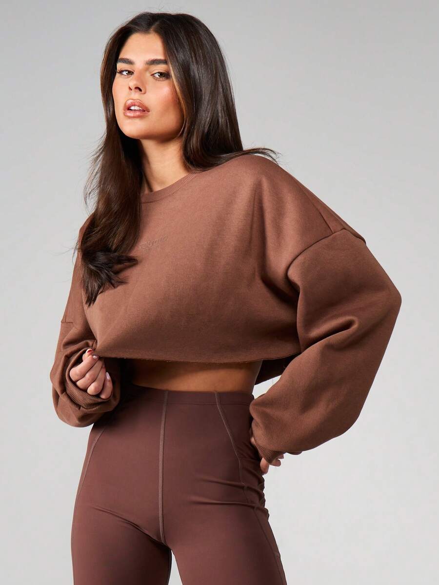MISSGUIDED Áo nỉ chui đầu cổ tròn tay dài viền thô dáng rộng cho nữ mùa thu đông, mặc nhà thoải mái, phong cách đường phố, thời trang cơ bản - màu nâu - Xem 1