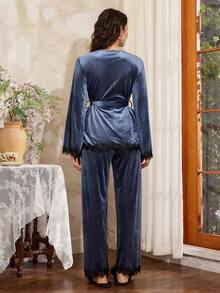 Côtesoire Women's Solid Color Velvet Lace Patchwork Long Sleeve Pajama Set - Dusty Blue - View 2