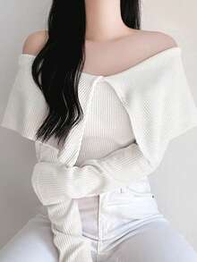DAZY 1pc Women's Off-Shoulder Long Sleeve Cropped Top, Unique Design - Beige - View 3