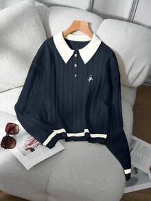 Franclia Suéter de cuello de polo tejido con bordado de cabeza de caballo y ribete de contraste, de estilo minimalista y de manga larga