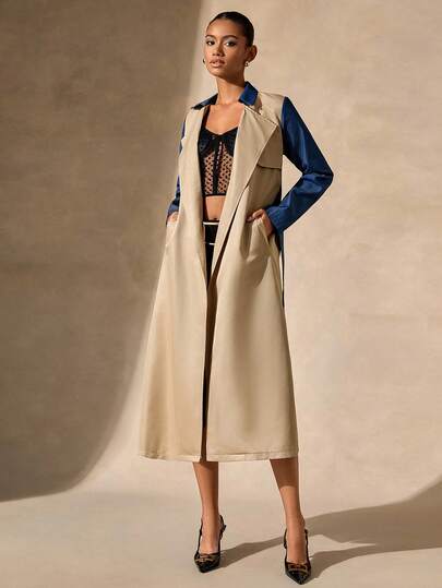 RueChic Two-Tone Trench Coat For Women – Beige Body With Contrasting Denim Blue Sleeves & Belt, Stylish Long Outerwear Fake Denim Fabric