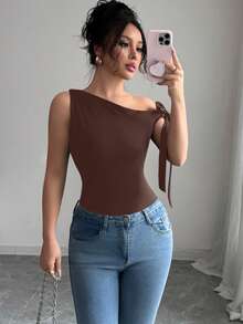 Elenzga Camiseta sin mangas de mujer con diseño de lazo fluido y hombros descubiertos, adecuada para el uso diario - Café integral - Ver 4