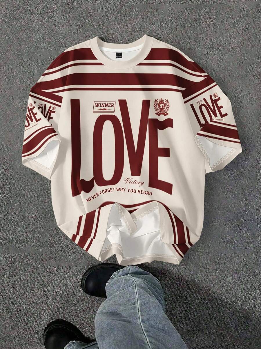 SHEIN EZwear Casual Minimalist Sports Street Casual Matching Couple , Red Stripe Love Logo English Letter Collegiate Style Print Pattern, Comfortable Warm Round Neck Loose Fit Short Sleeve T-Shirt For Women, Suitable For Autumn/Winter, Graphic Tee - Multicolor - View 1