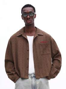 SUMWON Mens Long Sleeve Button Down Shirt Boxy Fit Textured Brown Grid Pattern Casual Collared Top Fall Winter Wardrobe Essential - Coffee Brown - View 4