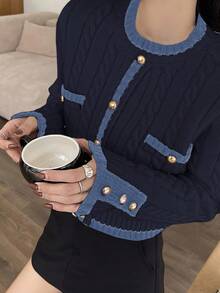 DAZY Women's Elegant Contrast Trim Button Knit Sweater, Autumn - Navy Blue - View 4