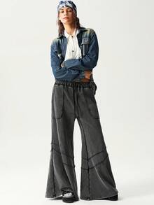 Bohemela Quần ống rộng dệt kim màu trơn thường ngày cho nữ đã giặt - màu đen - Xem 8