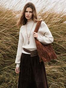 Florisole Women's Stand Collar Drop Shoulder Long Sleeve Casual Loose Sweater, Autumn/Winter - Apricot - View 8