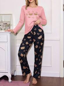 SweetSlumber Cute Heart, Bear & Letter Pattern Women Pajama Set, Winter Clothes - Multicolor - View 5