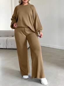 EURMUSE Conjunto de suéter de manga farol y pantalón de punto de talla grande para mujer en color liso - Camel - Ver 7