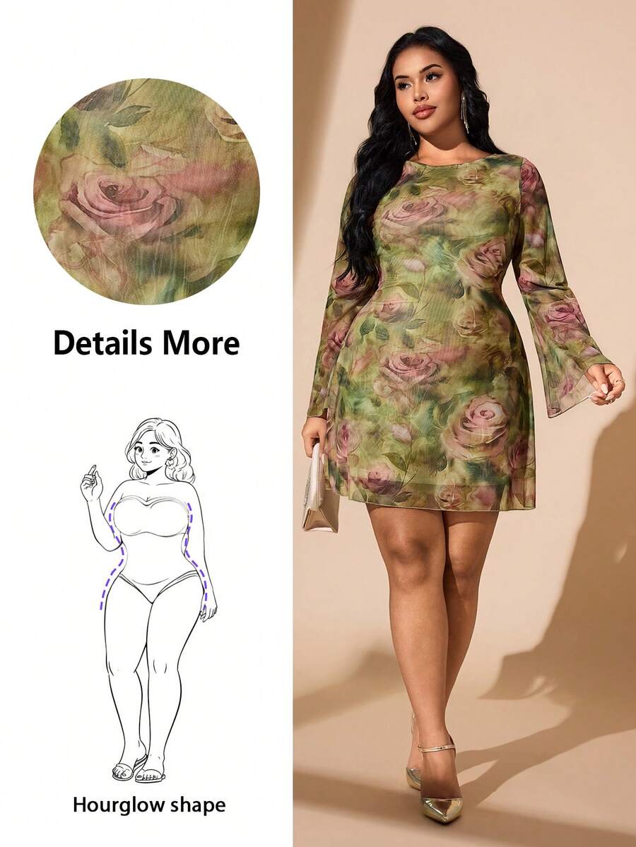 Hourglow 大码优雅派对印花喇叭袖连衣裙，适合沙漏型身材 - 彩色 - 查看 1