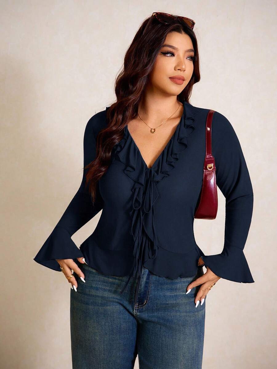 Elaquor Elegante Bluse mit Rüschen, weiten Ärmeln und Schleife vorne für Damen, Herbst - marineblau - Übersicht 1